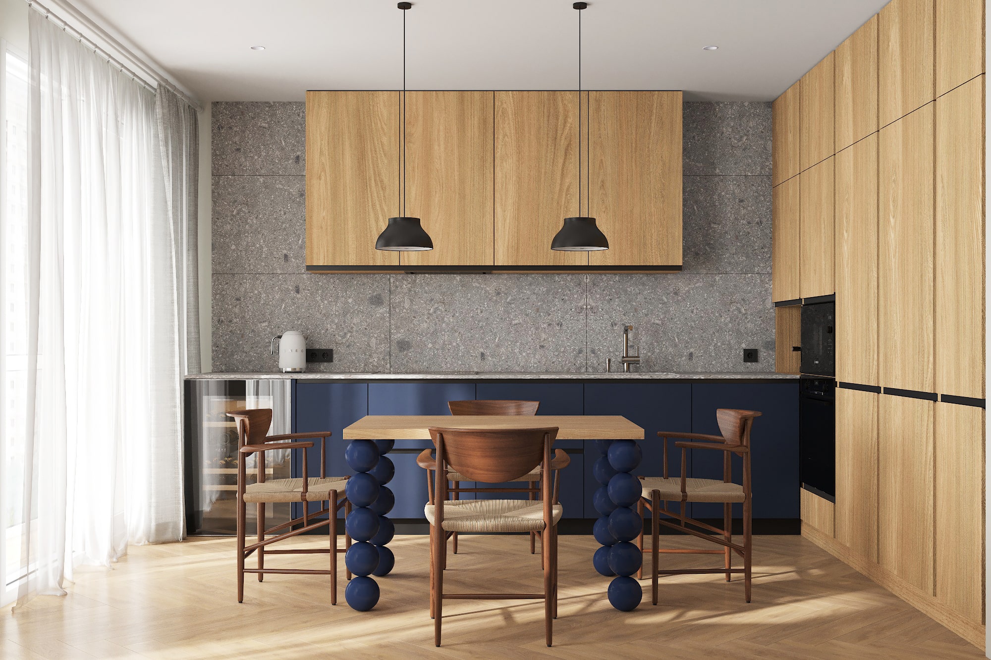 Кухня-гостиная. Богатство дерева и стильный синий